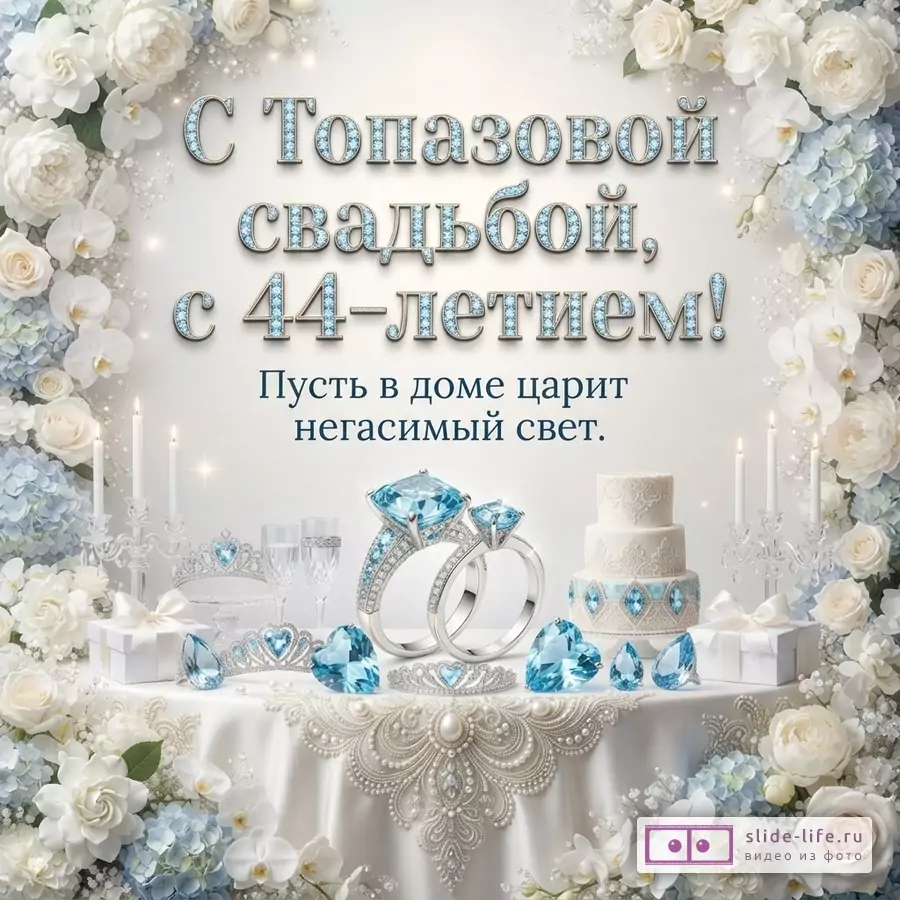 Белый фон, белые и голубые цветы по краям, свечи, торт, кольца с голубыми камнями. Текст: «С Топазовой свадьбой, с 44-летием! Пусть в доме царит негасимый свет.»