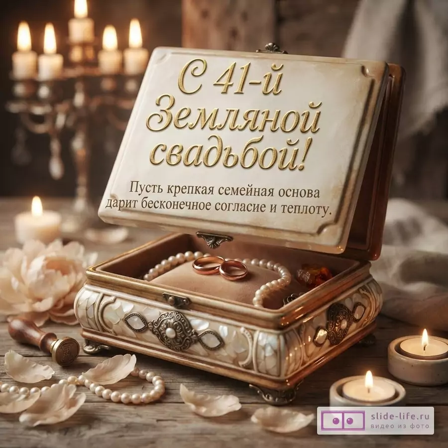 Открытка в теплых бежево-коричневых тонах: украшенная шкатулка с кольцами, свечи, жемчуг, текст «С 41-й Земляной свадьбой! Пусть крепкая семейная основа дарит бесконечное согласие и теплоту.»
