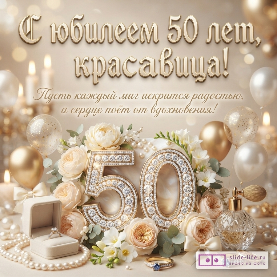 Бежевый фон, золотые буквы, свечи, шары, цветы, жемчуг, кольцо, духи. Текст: «С юбилеем 50 лет, красавица! Пусть каждый миг искрится радостью, а сердце поёт от вдохновения!»