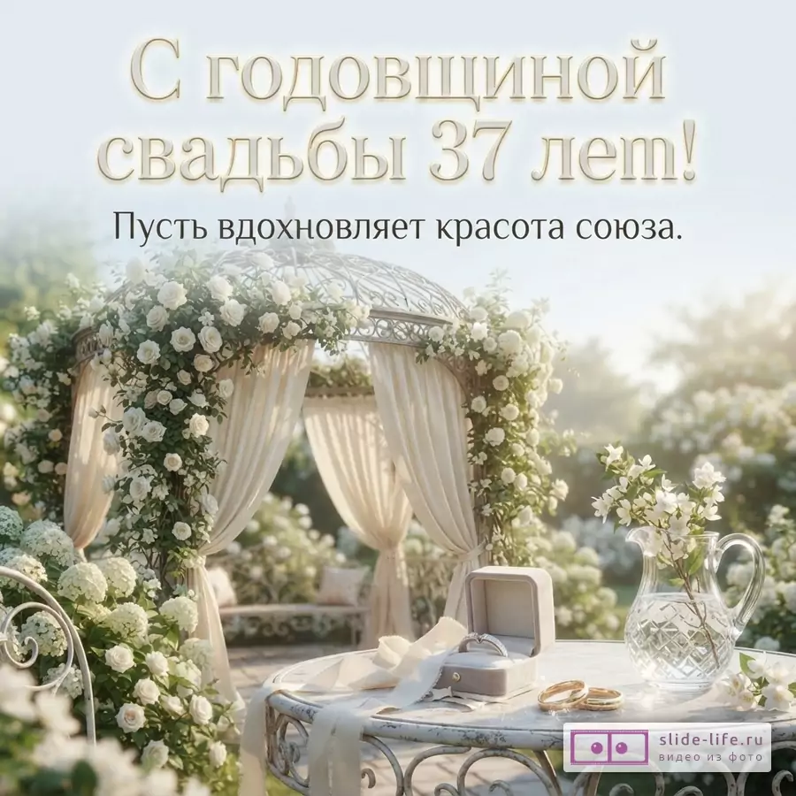 Открытка с беседкой, увитой белыми розами, на фоне сада. На переднем плане стол с обручальными кольцами и шкатулкой. Текст: «С годовщиной свадьбы 37 лет! Пусть вдохновляет красота союза.»