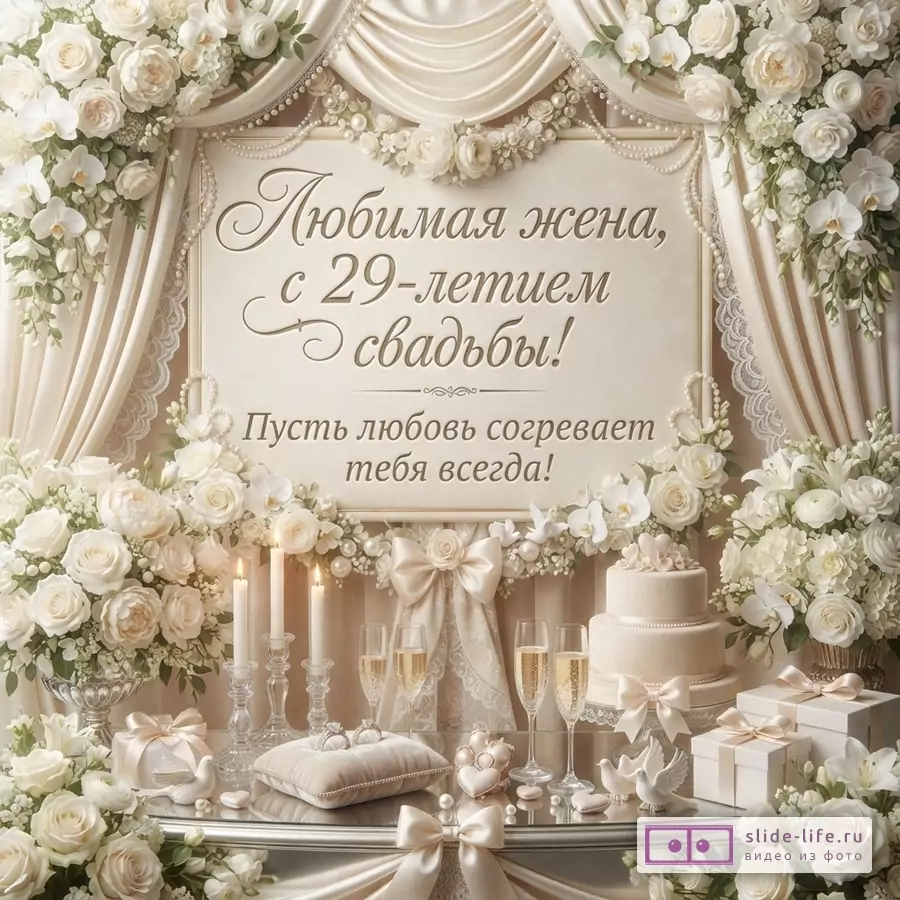 Бежево-сливочная свадебная композиция с белыми розами, драпировками, свечами, тортом, подарками и текстом «Любимая жена, с 29-летием свадьбы! Пусть любовь согревает тебя всегда!»