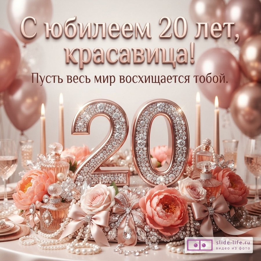 Открытка с надписью «С юбилеем 20 лет, красавица! Пусть весь мир восхищается тобой.» На фоне персиковые воздушные шары, свечи, цветы и украшенная цифра 20.