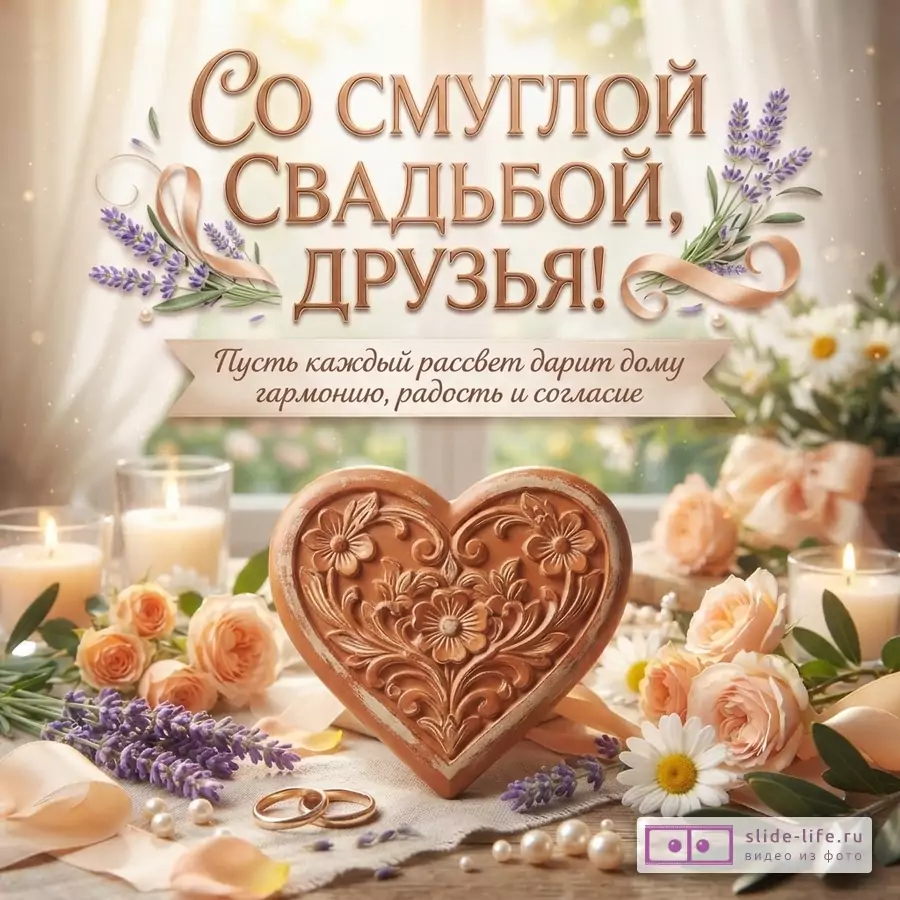 Теплая открытка в бежево-персиковых тонах с цветами, свечами, сердцем и лентами. Текст: «Со смуглой свадьбой, друзья! Пусть каждый рассвет дарит дому гармонию, радость и согласие.»