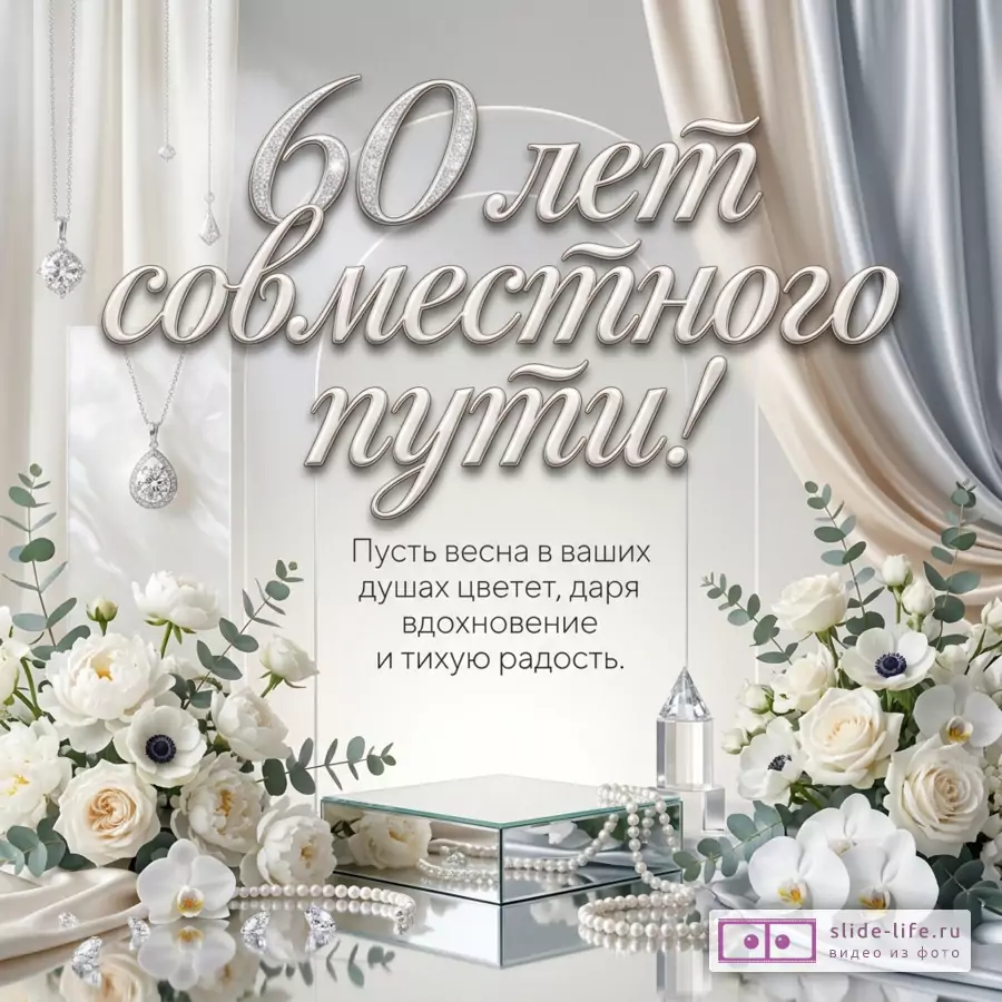 Белая и бежевая открытка с драпировками, белыми цветами, эвкалиптом, жемчугом, подвесками и текстом «60 лет совместного пути! Пусть весна в ваших душах цветет, даря вдохновение и тихую радость.»