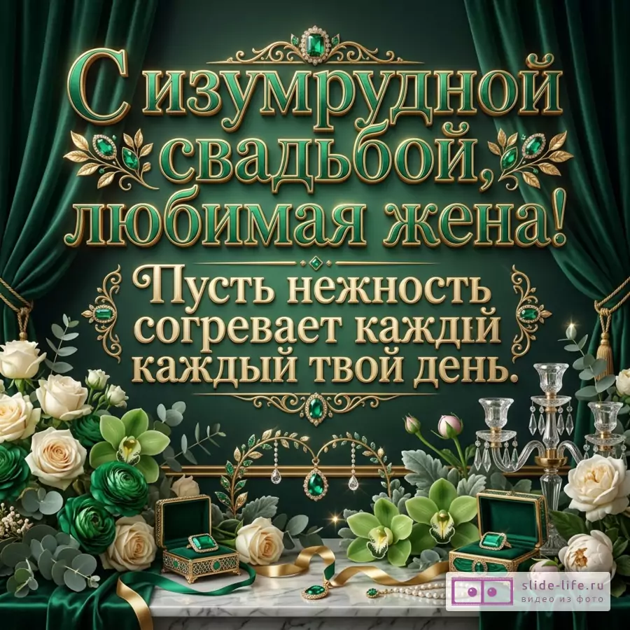 Зеленый фон, темно-зеленые шторы, золотой текст «С Изумрудной свадьбой, любимая жена! Пусть нежность согревает каждый каждый твой день.», белые и зеленые розы, орхидеи, свечи, шкатулки с изумрудами
