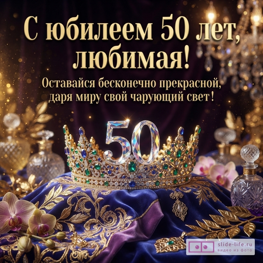 Темно-фиолетовый фон, золотые блики, хрустальная люстра. В центре корона с изумрудами и сапфирами, на ней цифры «50». Рядом флаконы духов, орхидеи, золотые листья. Текст: «С юбилеем 50 лет, любимая! Оставайся бесконечно прекрасной, даря миру свой чарующий свет!»