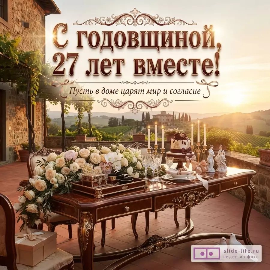 Открытка с закатом, виллой и виноградниками на фоне. На переднем плане накрытый стол с цветами, тортом, свечами, статуэтками и двумя белыми голубями. Текст: «С годовщиной, 27 лет вместе! Пусть в доме царят мир и согласие»