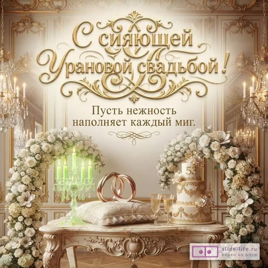 Открытка с золотой надписью «С сияющей Урановой свадьбой! Пусть нежность наполняет каждый миг.», обручальными кольцами на подушечке, свадебным тортом и цветочными арками