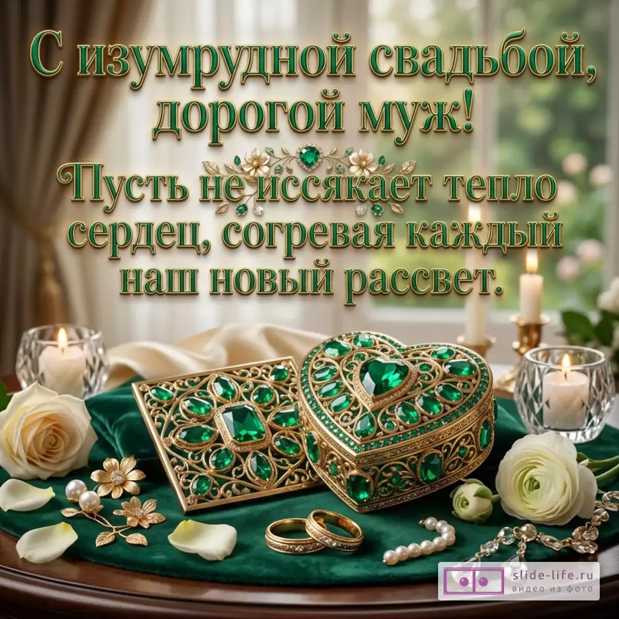 Открытка в бело-зеленых и золотых тонах с текстом «С изумрудной, с дорогой муж! Пусть не иссякает тепло сердец, согревая каждый наш новый рассвет.» Шкатулка-сердце, кольца, свечи, белые розы, лепестки
