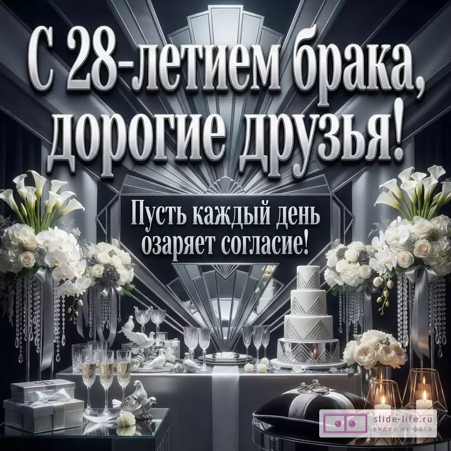 Черно-белая открытка с цветами, свечами и тортом, на переднем плане подушка с кольцами. Текст: «С 28-летием брака, дорогие друзья! Пусть каждый день озаряет согласие!»