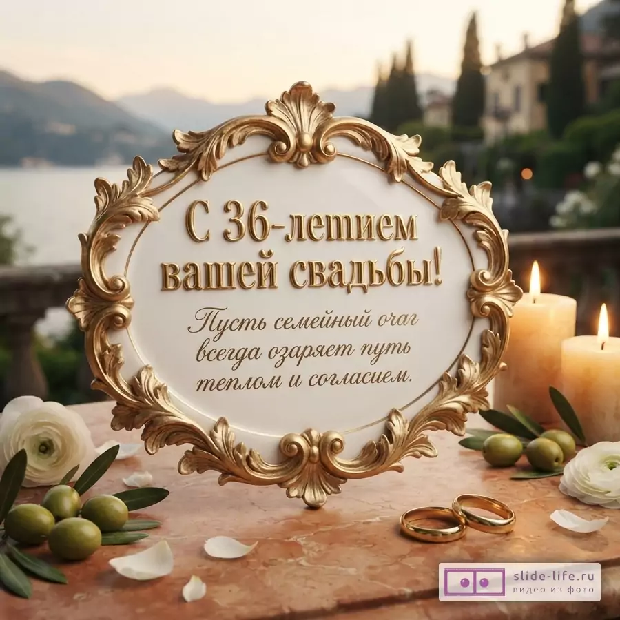 Открытка с золотой рамкой на белом фоне, текст «С 36-летием вашей свадьбы! Пусть семейный очаг всегда озаряет путь теплом и согласием.». На переднем плане оливки, белые цветы, лепестки, два золотых обручальных кольца, две горящие свечи. Фон размыт, вид на горы и озеро.