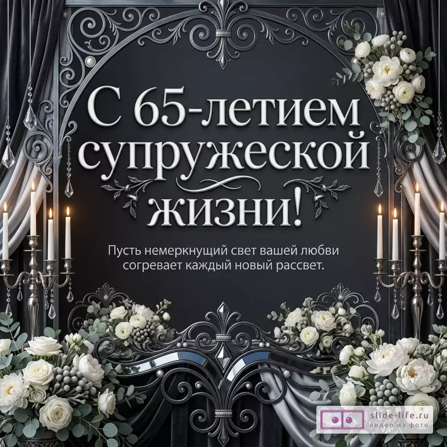 Черная открытка с серебряным декоративным орнаментом, белыми цветами, свечами и текстом «С 65-летием супружеской жизни! Пусть немеркнущий свет вашей любви согревает каждый новый рассвет.»