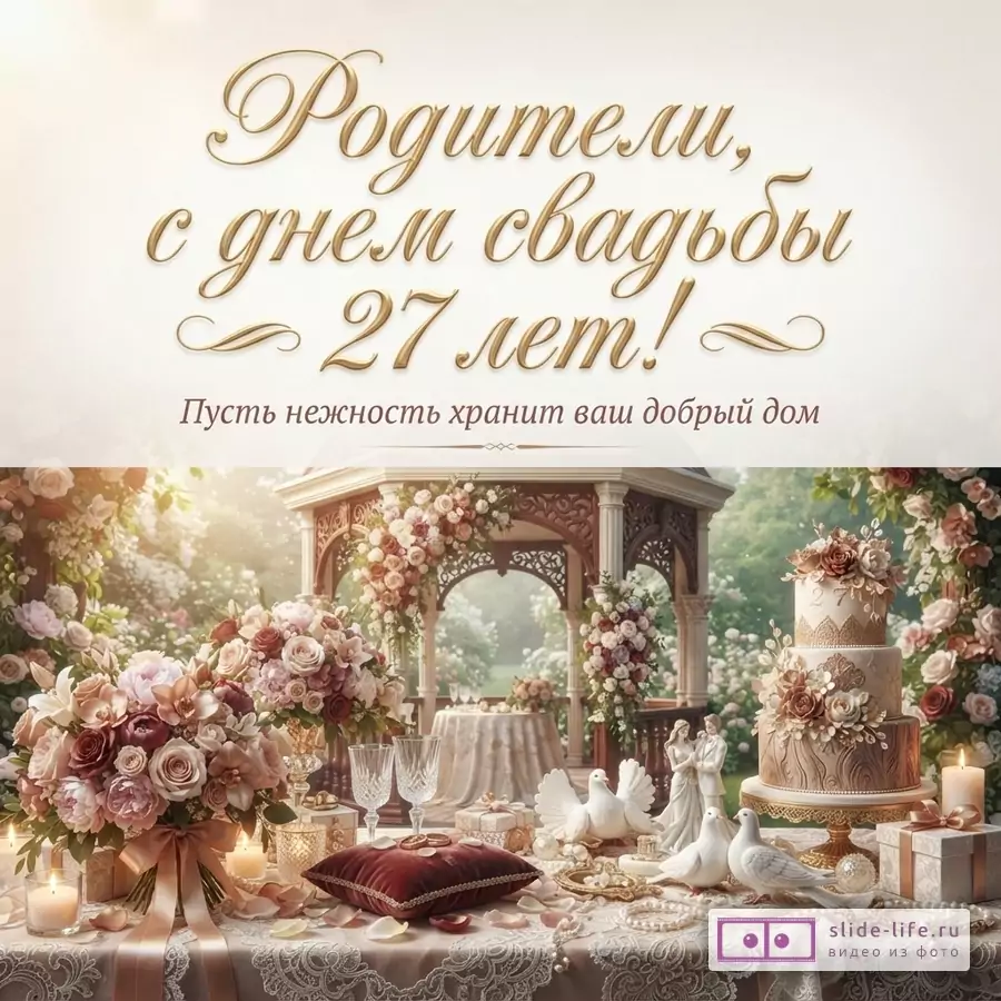 Бежевый фон, золотой текст, свадебная беседка, цветы, торт, голуби. Текст: «Родители, с днем свадьбы 27 лет! Пусть нежность хранит ваш добрый дом»
