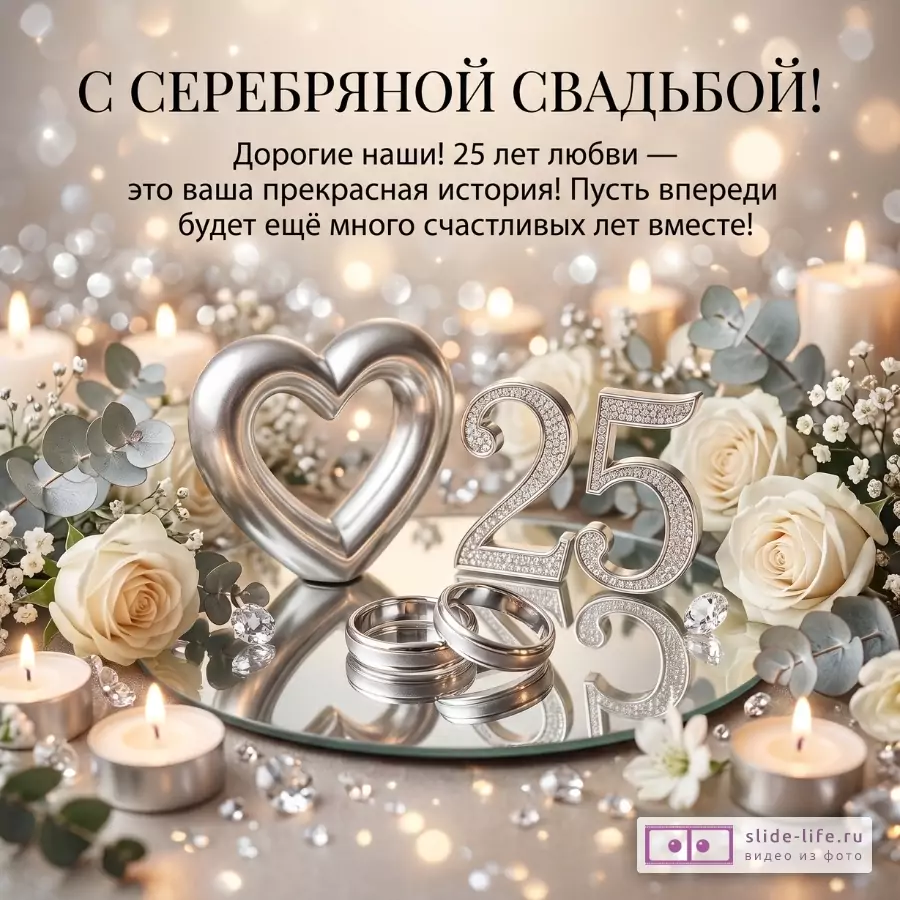 Бежево-серебристый фон с боке, свечами, белыми розами, эвкалиптом, сердцем, числом 25 и кольцами; текст «С СЕРЕБРЯНОЙ СВАДЬБОЙ!»