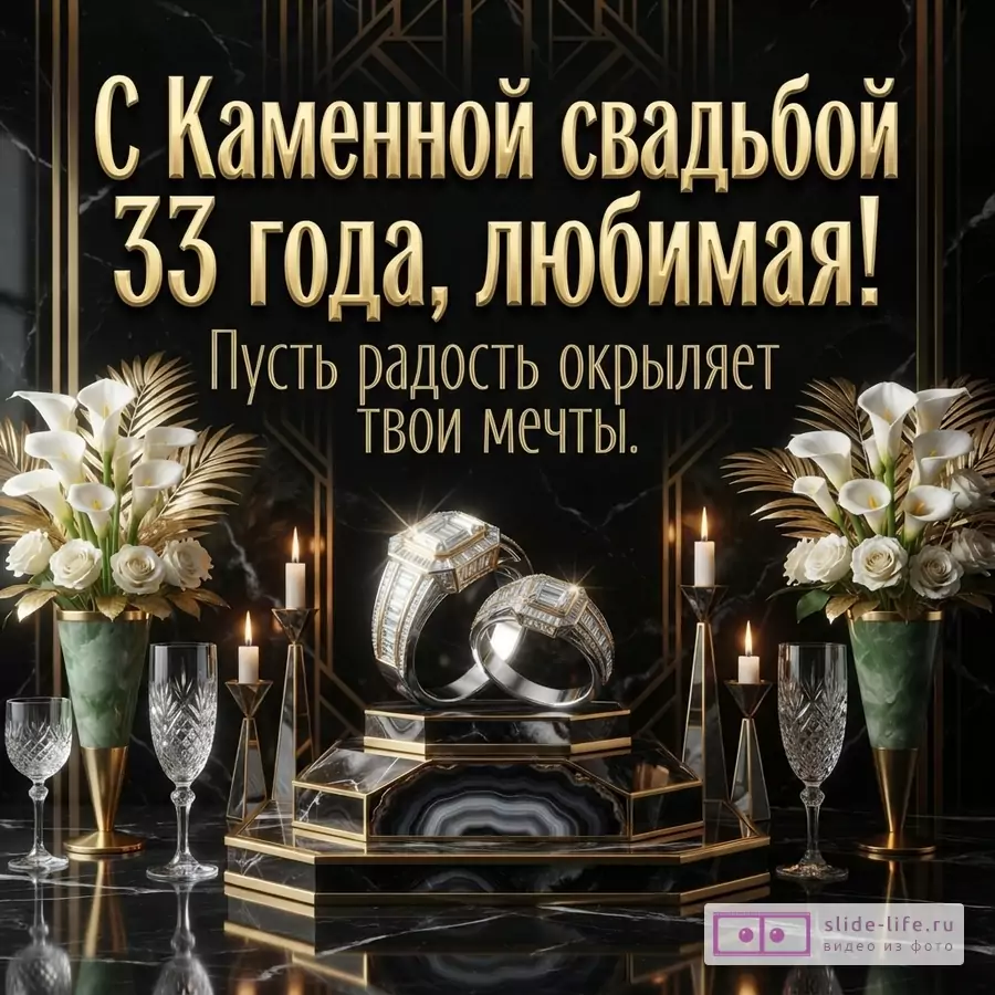 Черный фон с золотыми геометрическими узорами, два букета белых цветов, две свечи, два бокала, два кольца на постаменте. Текст: «С Каменной свадьбой 33 года, любимая! Пусть радость окрыляет твои мечты.»
