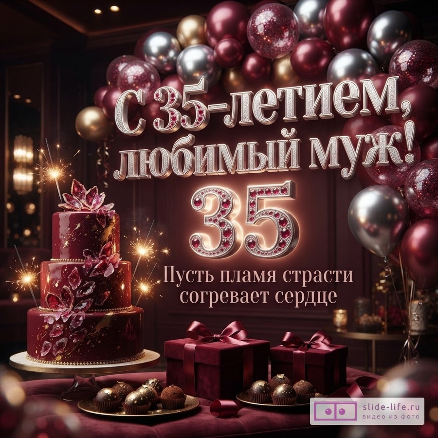 Бордовый ярусный торт с бенгальскими огнями, воздушные шары, подарки и надпись «С 35-летием, любимый муж! 35 Пусть пламя страсти согревает сердце».