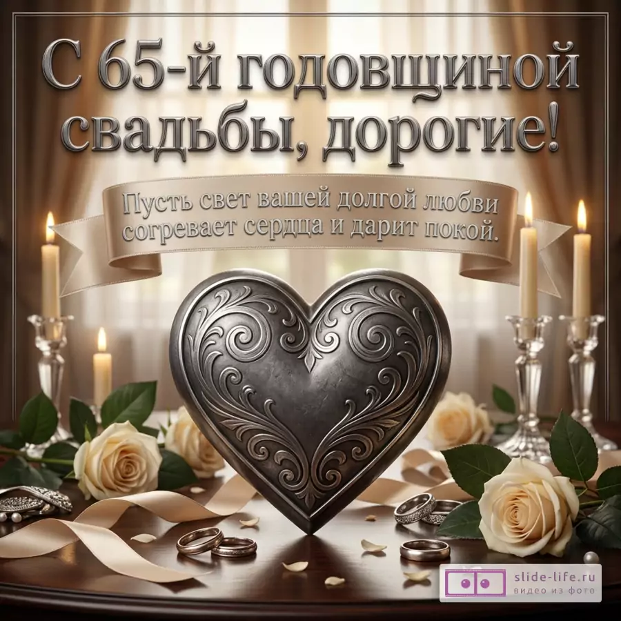 Открытка с серебристым текстом «С 65-й годовщиной свадьбы, дорогие! Пусть свет вашей долгой любви согревает сердца и дарит покой.» на бежево-коричневом фоне, сердце, свечи, розы, кольца