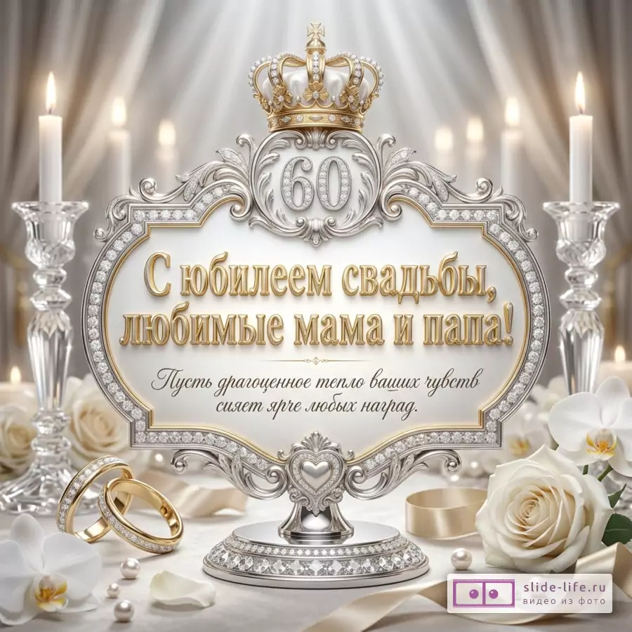 Белая и золотая открытка с декоративной табличкой, короной и числом 60, свечами, кольцами, белыми розами, орхидеями и жемчугом, текст «С юбилеем свадьбы, любимые мама и папа! Пусть драгоценное тепло ваших чувств сияет ярче любых наград.»