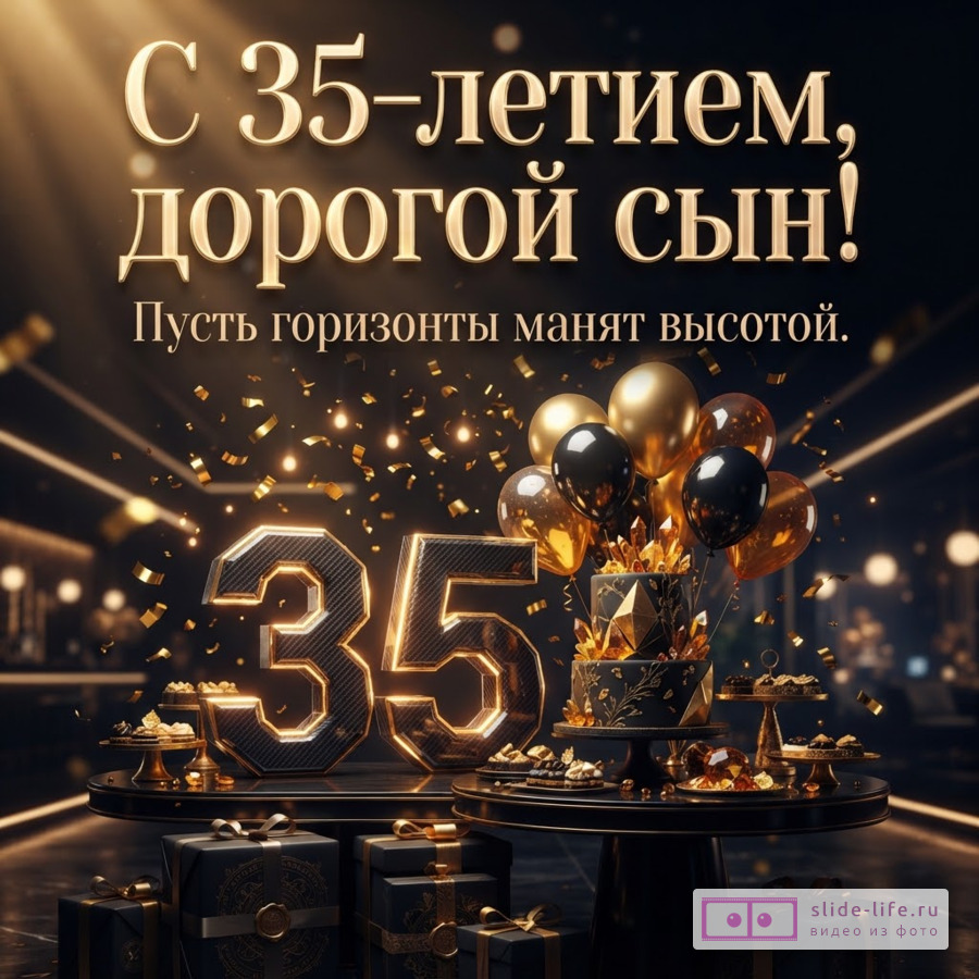 Объемная светящаяся цифра 35, праздничный торт, воздушные шары и подарки в черных и золотых тонах с текстом «С 35-летием, дорогой сын! Пусть горизонты манят высотой.»