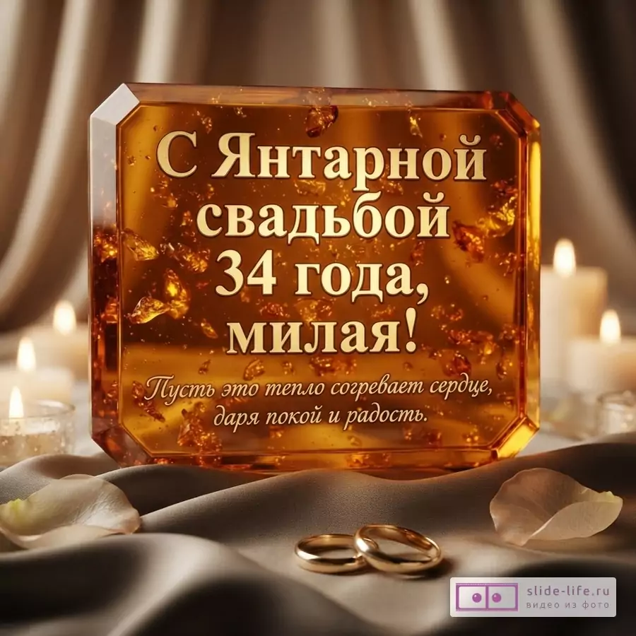 Памятная табличка из янтаря с золотыми буквами на бежевом фоне, свечи, лепестки роз, два золотых кольца. Надпись: «С Янтарной свадьбой 34 года, милая! Пусть это тепло согревает сердце, даря покой и радость.»