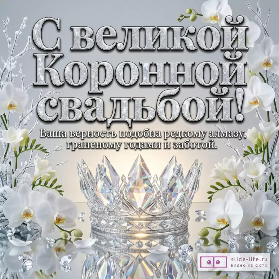 Хрустальная корона с бриллиантами в окружении белых орхидей на сером фоне и надпись: «С великой Коронной свадьбой! Ваша верность подобна редкому алмазу, граненому годами и заботой.»