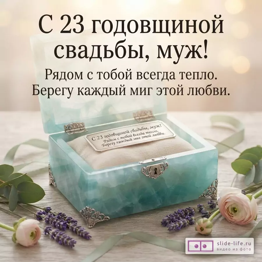 Открытая берилловая шкатулка с серебряными ножками в окружении розовых цветов и лаванды с надписью «С 23 годовщиной свадьбы, муж!»