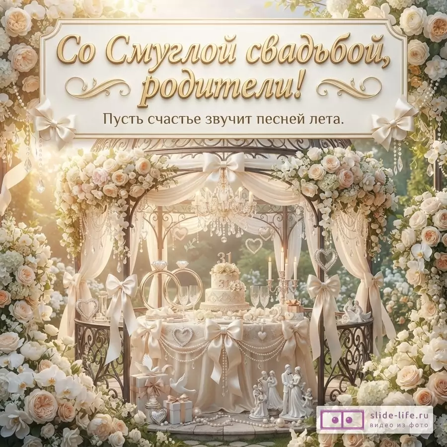 Бежево-белая свадебная открытка с цветами, лентами, аркой, столом и текстом «Со Смуглой свадьбой, родители! Пусть счастье звучит песней лета.»