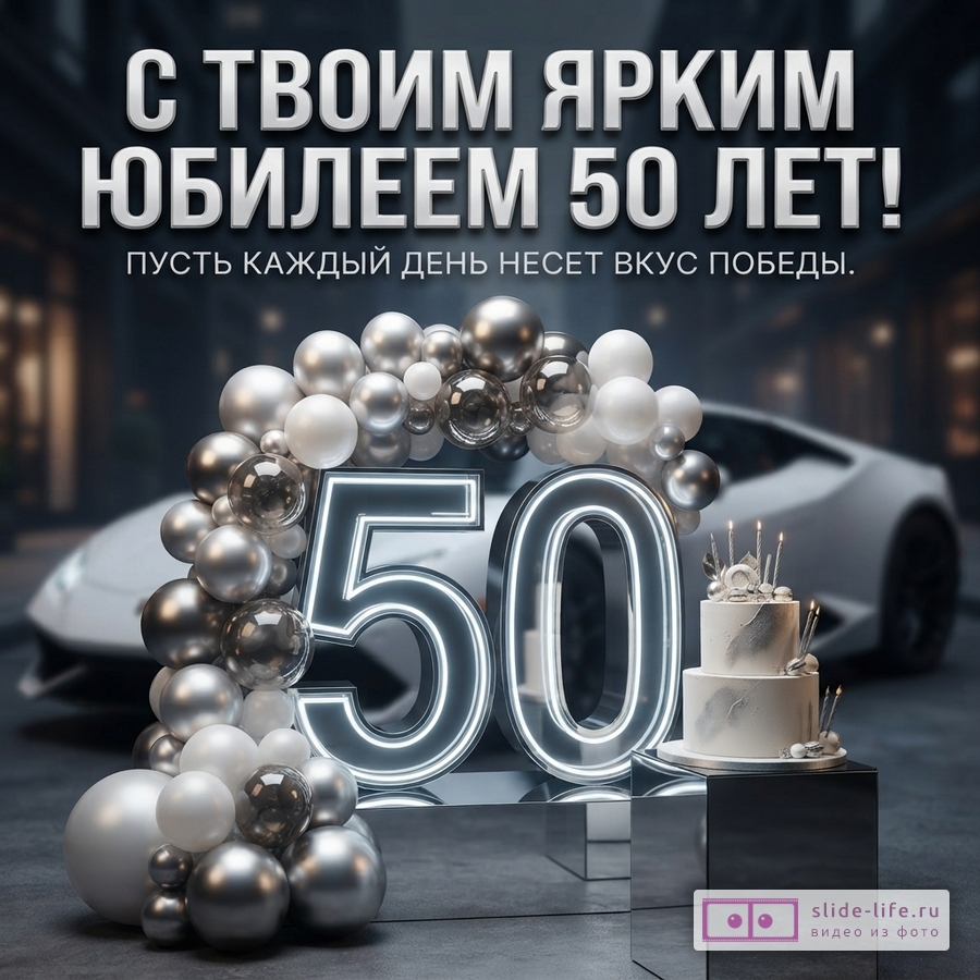 Темный фон, серебристые шары, белая машина. Надпись «С твоим ярким юбилеем 50 лет! Пусть каждый день несет вкус победы.»