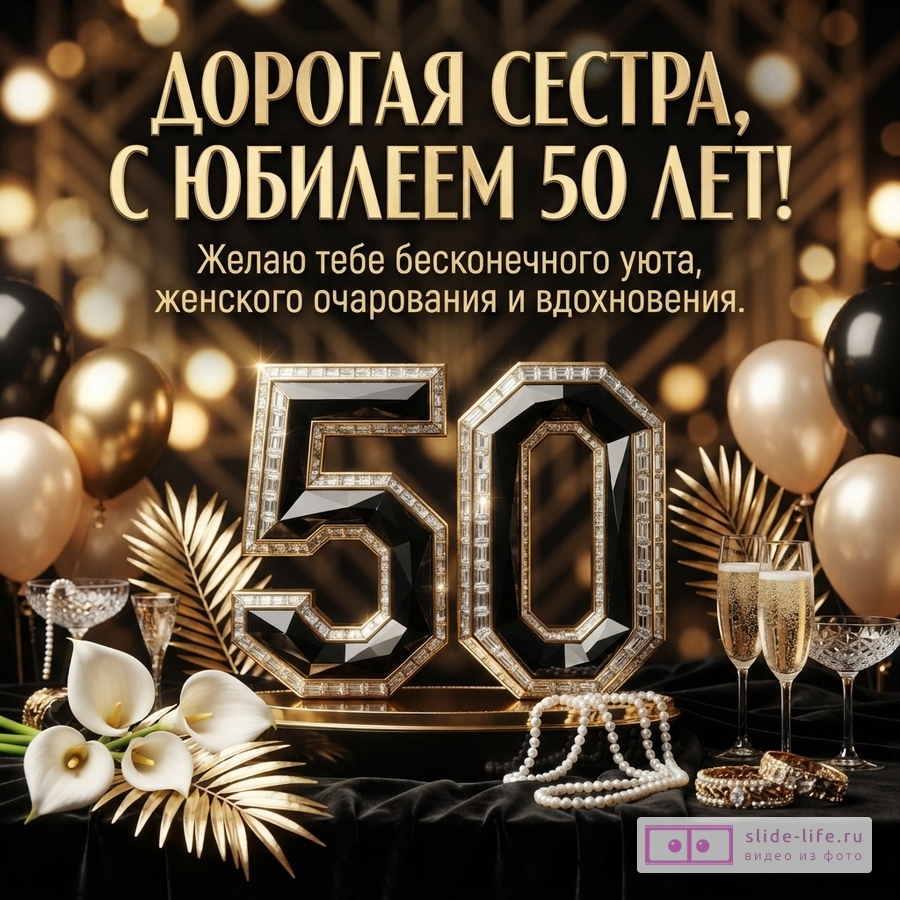 Открытка с черным фоном, золотыми буквами и цифрами. На открытке текст: «ДОРОГАЯ СЕСТРА, С ЮБИЛЕЕМ 50 ЛЕТ! Желаю тебе бесконечного уюта, женского очарования и вдохновения.»