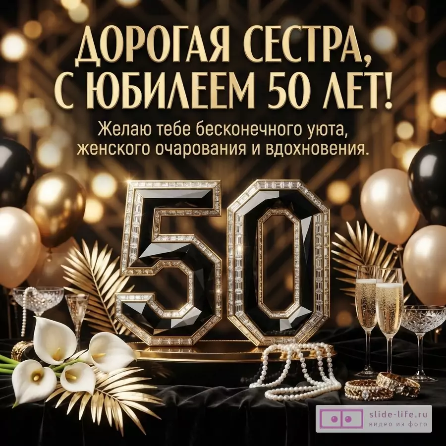 Открытка с черным фоном, золотыми буквами и цифрами. На открытке текст: «ДОРОГАЯ СЕСТРА, С ЮБИЛЕЕМ 50 ЛЕТ! Желаю тебе бесконечного уюта, женского очарования и вдохновения.»