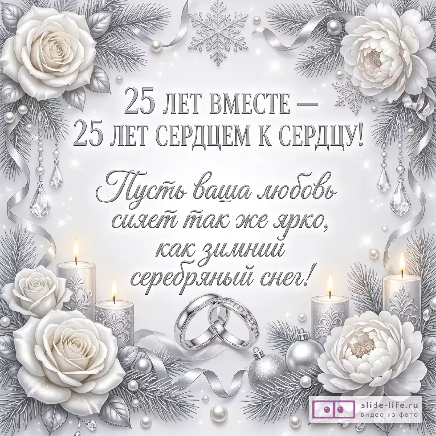 Серо-белый фон, белые розы, свечи, еловые ветки, жемчуг и обручальные кольца. Текст: «25 лет вместе — 25 лет сердцем к сердцу! Пусть ваша любовь сияет так же ярко, как зимний серебряный снег!»