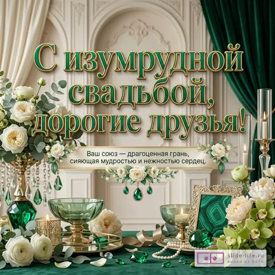 Открытка в бело-зеленых и золотых тонах, белые розы, зеленые шторы, свечи, стеклянные вазы, изумрудные камни, рамка, жемчуг, текст «С изумрудной свадьбой, дорогие друзья!»