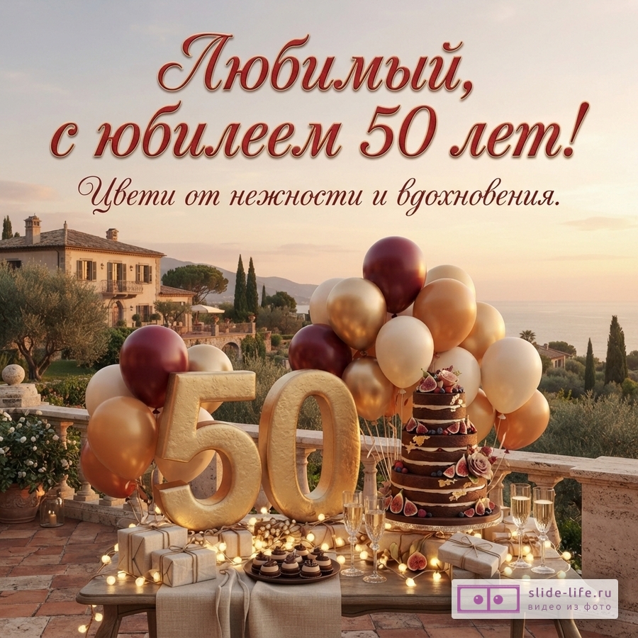 Открытка с юбилеем 50 лет. На фоне заката и виллы на побережье стоит стол с тортом, шарами, подарками и золотыми цифрами «50». Текст «Любимый, с юбилеем 50 лет! Цвети от нежности и вдохновения.»