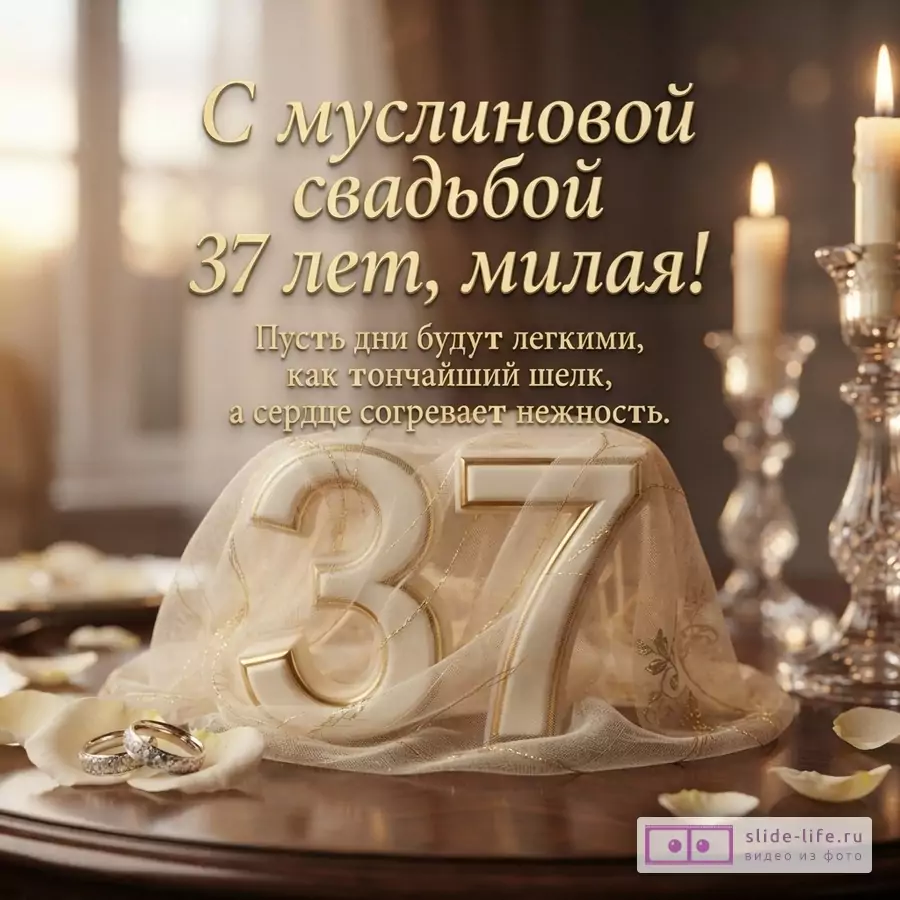 Открытка с золотыми буквами на коричневом фоне, текст «С муслиновой свадьбой 37 лет, милая! Пусть дни будут легкими, как тончайший шелк, а сердце согревает нежность.», цифры 37, два обручальных кольца, свечи.