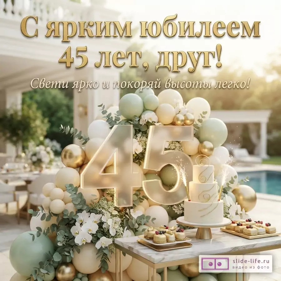 Открытка с юбилеем 45 лет другу. На фоне роскошной виллы и бассейна, композиция из воздушных шаров бежевого и мятного цвета, золотые шары, белые орхидеи, эвкалипт. Большие золотые цифры «45». Белый двухъярусный торт с золотым декором и фонтанами-фейерверками. Пирожные на мраморном столе. Текст «С ярким юбилеем 45 лет, друг! Свети ярко и покоряй высоты легко!»