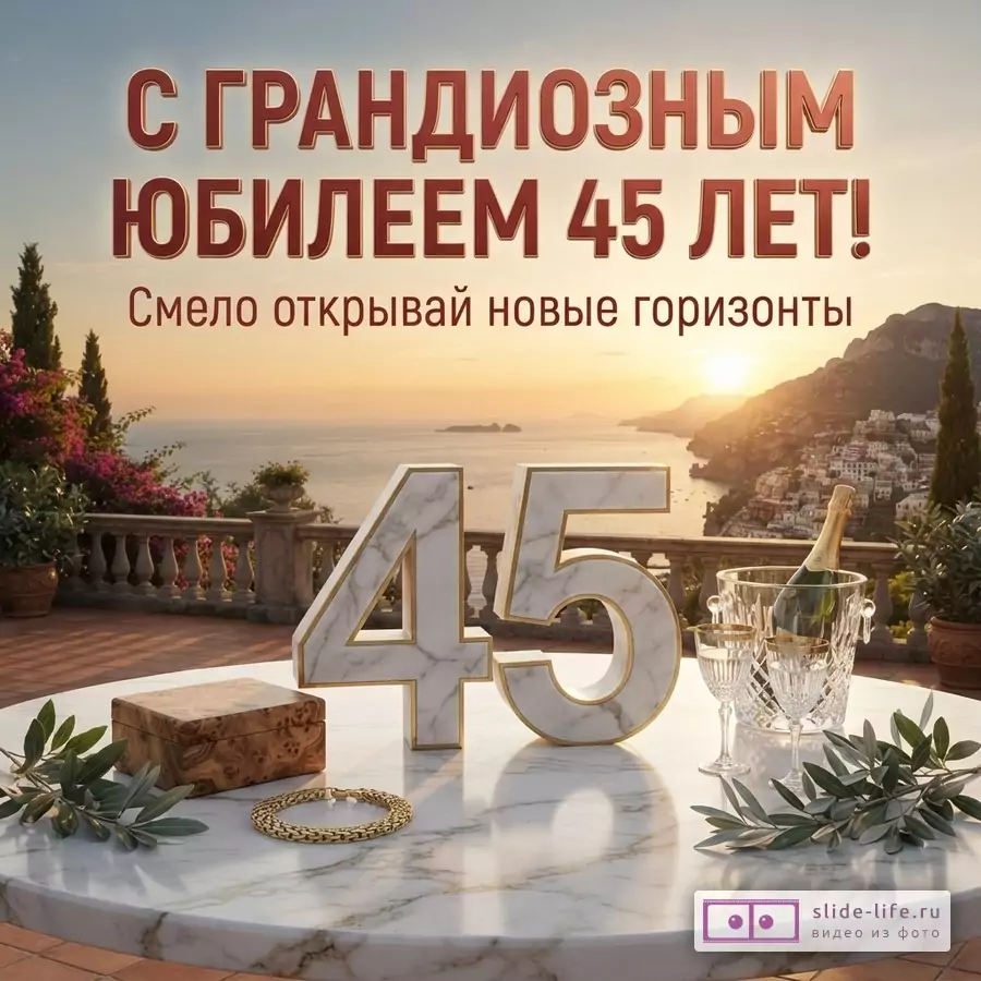 Открытка с видом на море на закате, на переднем плане мраморный стол с цифрами «45», шкатулкой, браслетом, бутылкой шампанского в ведерке и бокалами. Текст «С ГРАНДИОЗНЫМ ЮБИЛЕЕМ 45 ЛЕТ! Смело открывай новые горизонты»