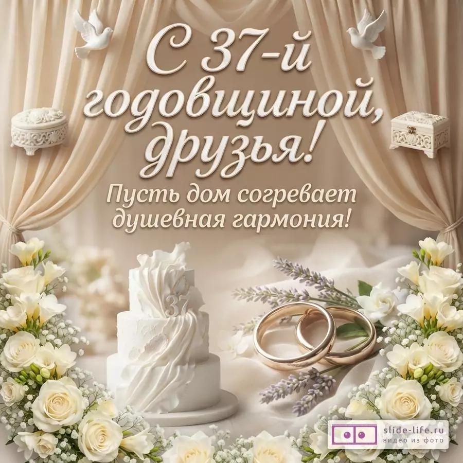 Белый фон, белые шторы, белый торт с цифрой «37», белые голуби, белые цветы, золотые кольца, лаванда. Текст: «С 37-й годовщиной, друзья! Пусть дом согревает душевная гармония!»