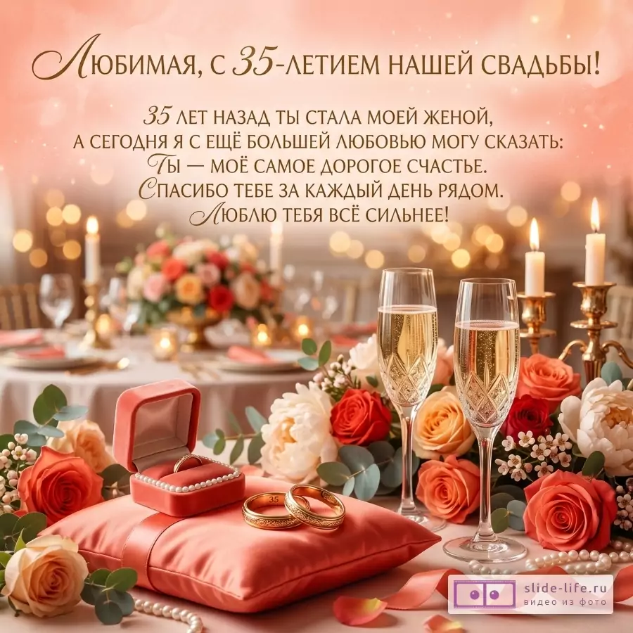 Розово-бежевый праздничный фон, цветы, бокалы шампанского, свечи, коробочка с кольцом и золотые кольца. Текст: «Любимая, с 35-летием нашей свадьбы!»