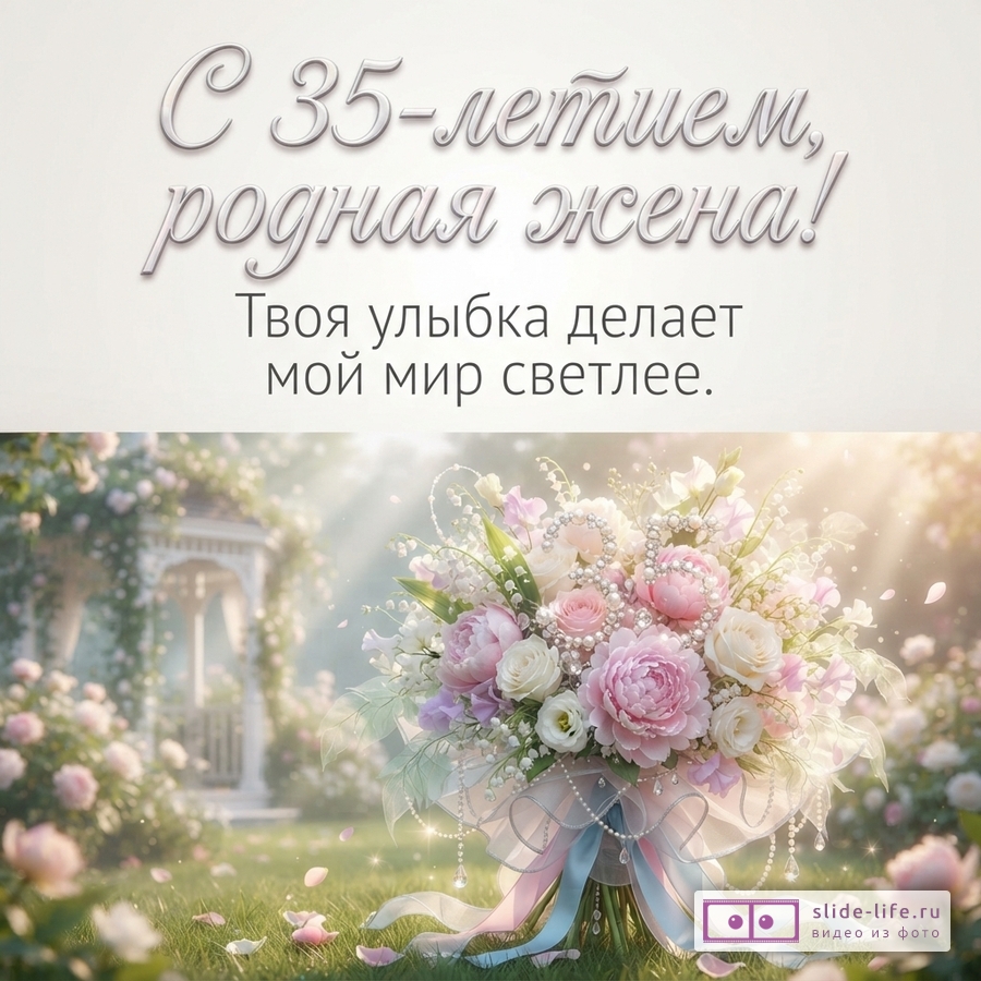 Открытка на бежевом фоне с букетом розовых и белых цветов, зеленью, жемчужными нитями и лентами. Текст «С 35-летием, родная жена! Твоя улыбка делает мой мир светлее.»