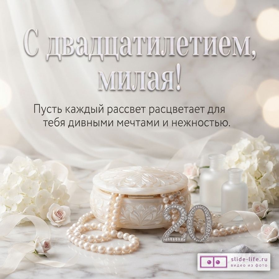 Шкатулка из перламутра с жемчужным ожерельем, белыми цветами и цифрой 20 на мраморном фоне с надписью «С двадцатилетием, милая! Пусть каждый рассвет расцветает для тебя дивными мечтами и нежностью».
