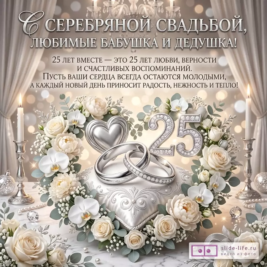 Серо-бежевый фон с шторами и свечами, цветочный венок, кольца, сердце и число 25; текст «С серебряной свадьбой, любимые бабушка и дедушка!»