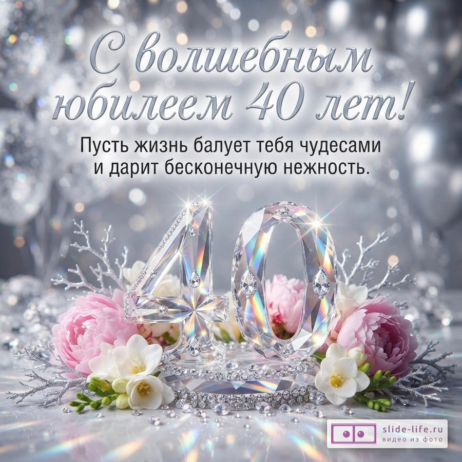 Серебристый фон с бликами, в центре крупные прозрачные цифры «40» из кристаллов, украшенные розовыми и белыми цветами, серебристыми веточками и россыпью мелких кристаллов. Текст: «С волшебным юбилеем 40 лет! Пусть жизнь балует тебя чудесами и дарит бесконечную нежность.»