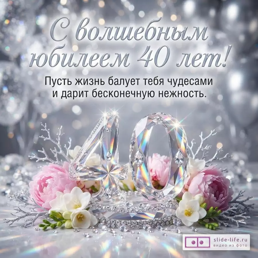 Серебристый фон с бликами, в центре крупные прозрачные цифры «40» из кристаллов, украшенные розовыми и белыми цветами, серебристыми веточками и россыпью мелких кристаллов. Текст: «С волшебным юбилеем 40 лет! Пусть жизнь балует тебя чудесами и дарит бесконечную нежность.»