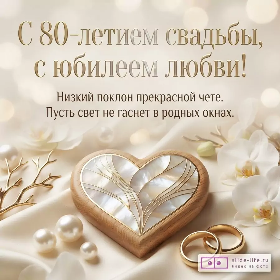 Бежевый фон, белые орхидеи, жемчуг, золотые кольца и деревянное сердце. Текст: «С 80-летием свадьбы, с юбилеем любви! Низкий поклон прекрасной чете. Пусть свет не гаснет в родных окнах.»