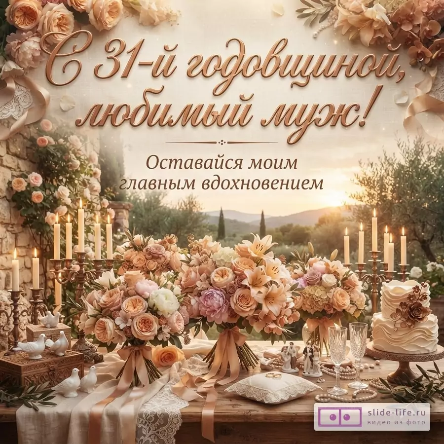 Бежево-золотая свадебная открытка с цветами, свечами, столом и тортом. Текст «С 31-й годовщиной, любимый муж! Оставайся моим главным вдохновением.»