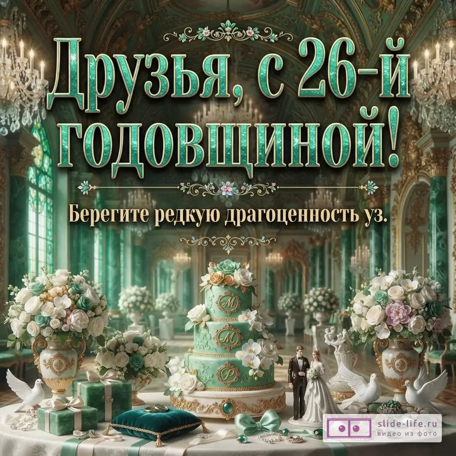 Бежево-зеленая открытка с текстом «Друзья, с 26-й годовщиной! Берегите редкую драгоценность уз.» и декором с тортом, цветами, подарками и фигурками