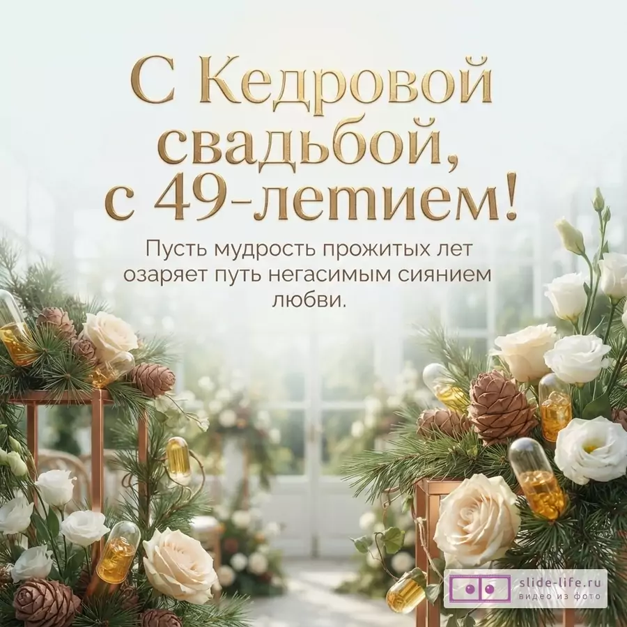 Светлый фон, золотые буквы, еловые ветки, шишки, белые розы, лампочки. Надпись: «С Кедровой свадьбой, с 49-летием! Пусть мудрость прожитых лет озаряет путь негасимым сиянием любви.»