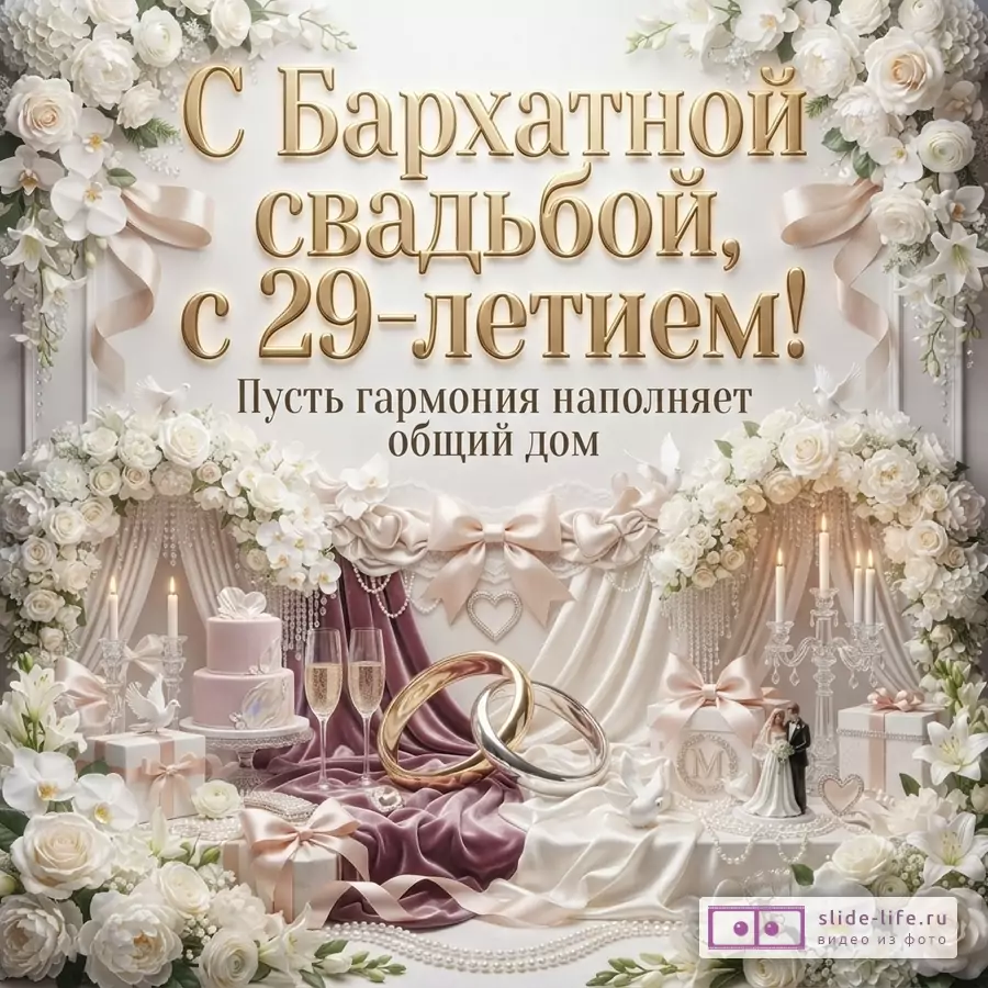 Бежево-белая свадебная композиция с цветами, лентами, свечами, кольцами и тортом. Текст: «С Бархатной свадьбой, с 29-летием! Пусть гармония наполняет общий дом.»