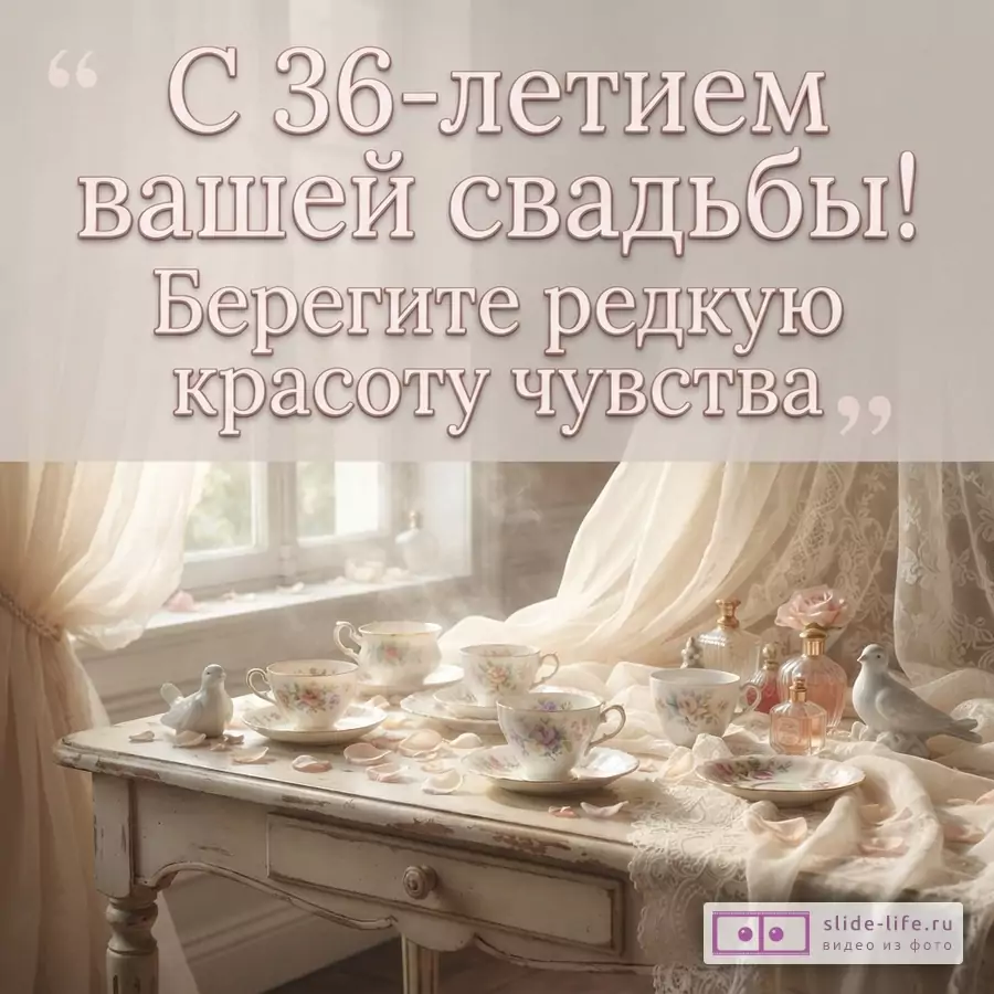 Открытка с бежевым фоном, сверху текст розового цвета «С 36-летием вашей свадьбы! Берегите редкую красоту чувства». Внизу на белом столе стоят чашки, блюдца, флаконы духов, лежат лепестки роз и две белые птички.