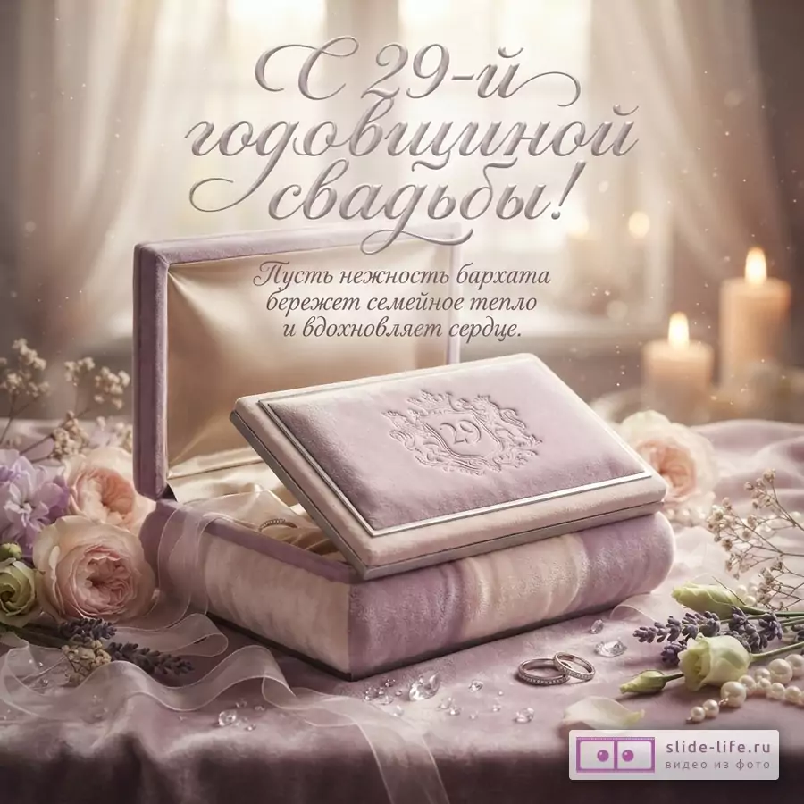 Фон светлый, размытый. В центре открытая и закрытая бархатные шкатулки сиреневого цвета. Рядом цветы, кольца, бусины, свечи. Текст «С 29-й годовщиной свадьбы! Пусть нежность бархата бережет семейное тепло и вдохновляет сердце.»
